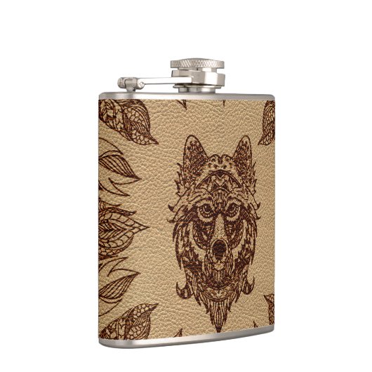 種族のオオカミおよび羽の革エンボスの効果 フラスク (右)