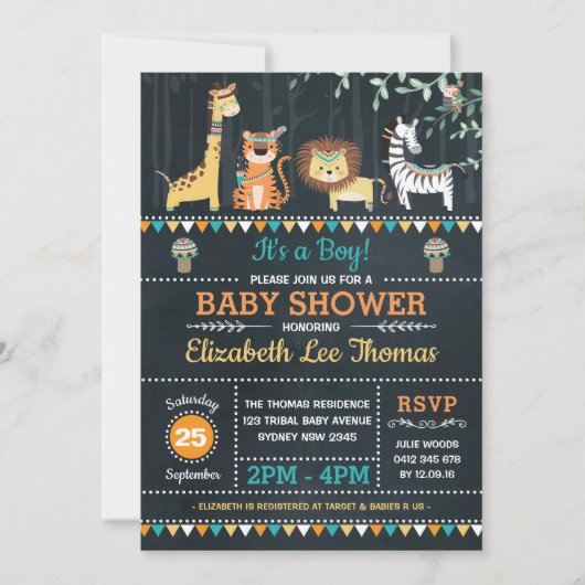 種族のジャングルサファリの動物のベビーシャワーの黒板 招待状 (正面)
