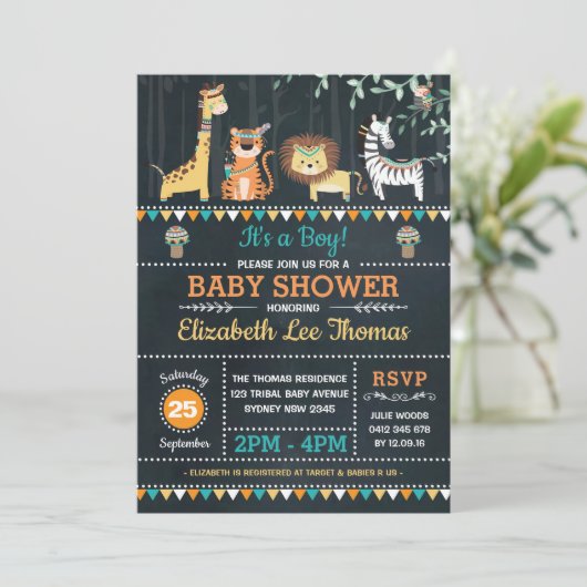 種族のジャングルサファリの動物のベビーシャワーの黒板 招待状 (スタンド正面)