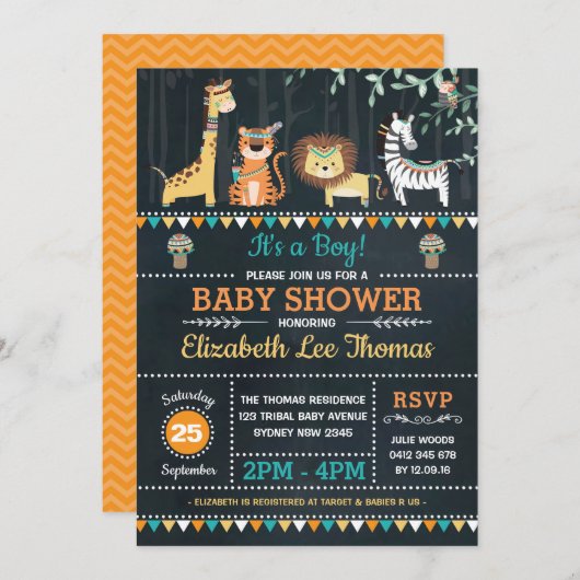 種族のジャングルサファリの動物のベビーシャワーの黒板 招待状 (正面/裏面)