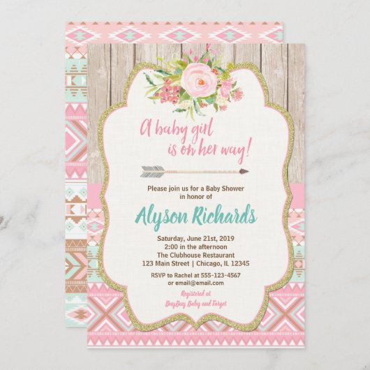 種族のベビーシャワーの女の子の招待状は金ゴールドのティール（緑がかった色）を飾ります 招待状 (正面/裏面)