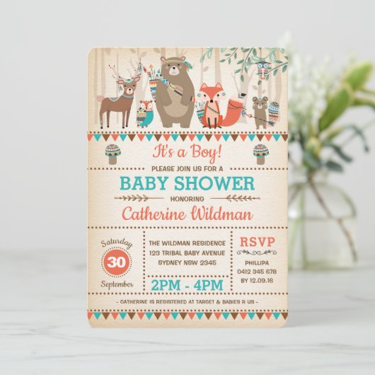 種族の森林ベビーシャワーの素朴な森林動物 招待状 (スタンド正面)