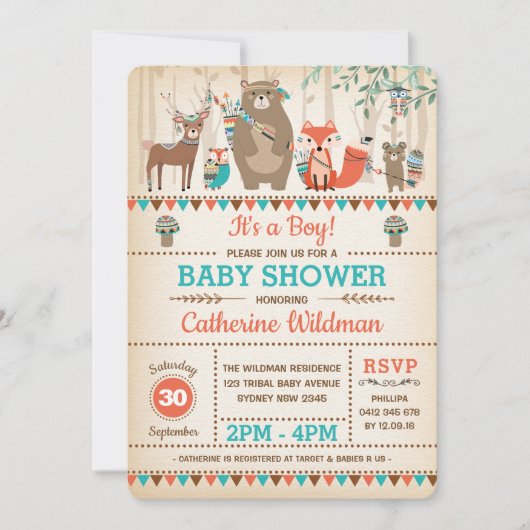 種族の森林ベビーシャワーの素朴な森林動物 招待状 (正面)