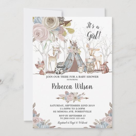 種族の森林動物のベビーシャワーの女の赤ちゃん 招待状 (正面)