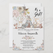 種族の森林動物の女の赤ちゃんのシャワーの花柄 招待状 (正面)
