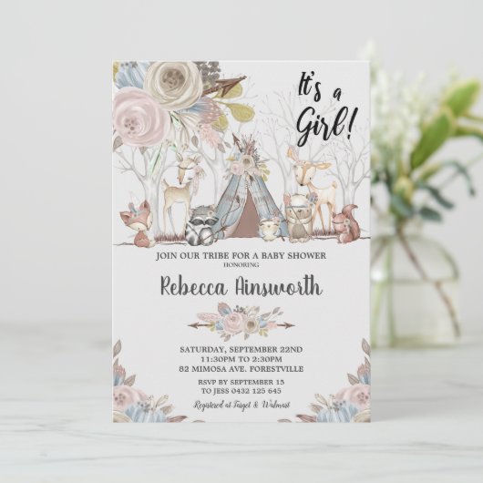 種族の森林動物の女の赤ちゃんのシャワーの花柄 招待状 (スタンド正面)