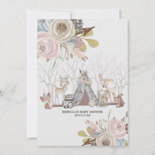 種族の森林動物の女の赤ちゃんのシャワーの花柄 招待状 (裏面)