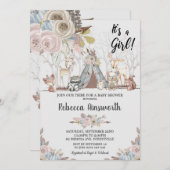 種族の森林動物の女の赤ちゃんのシャワーの花柄 招待状 (正面/裏面)