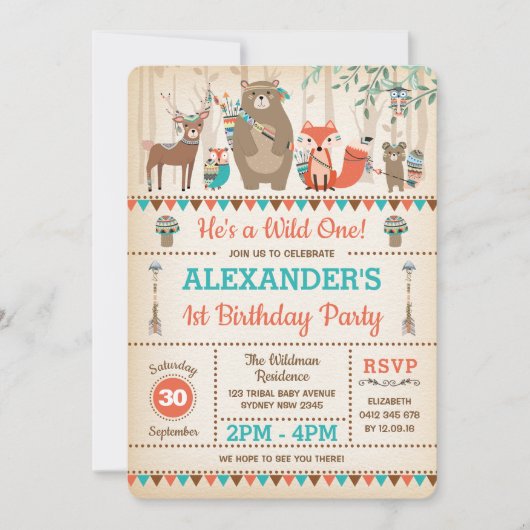 種族の森林動物の野生の1つの第1誕生日 招待状 (正面)