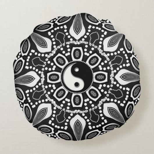 種族の白黒の陰陽の幾何学的な円形の枕 ラウンドクッション (裏面)