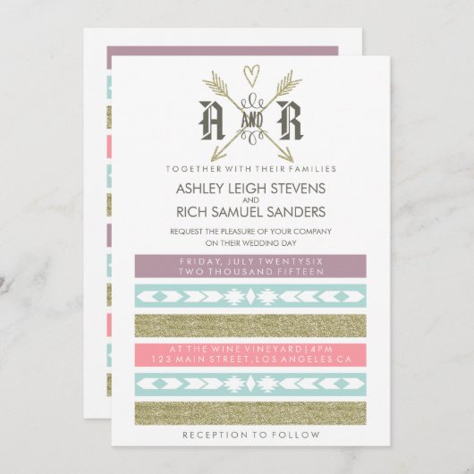 種族の矢%PIPE%の金ゴールド及び真新しい結婚式招待状 招待状 (正面/裏面)