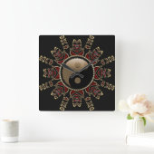 種族の赤+金ゴールドYinYang幾何学的な日曜日 スクエア壁時計 (ホーム)