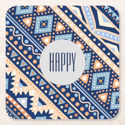 種族の青いレトロの民族のヴィンテージパターンコースター スクエアペーパーコースター (正面)