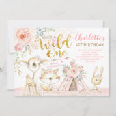 種族のBohoの森林動物の野生の1つの第1誕生日 招待状 (正面)