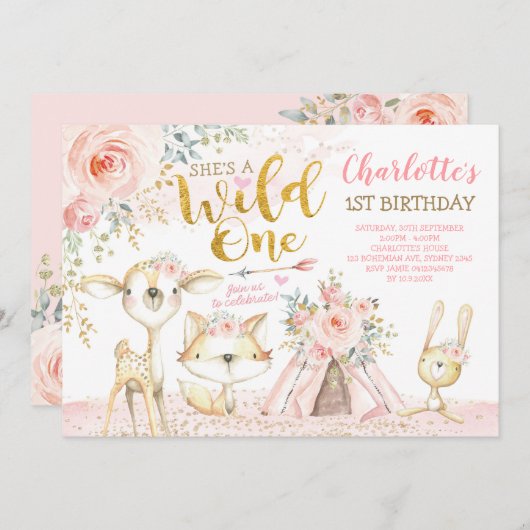 種族のBohoの森林動物の野生の1つの第1誕生日 招待状 (正面/裏面)