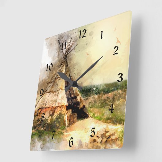 種族のTipiの~の美しい水彩画のテント小屋 スクエア壁時計 (傾斜)