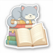 積まれた本の上のかわいいネコ シール (正面)