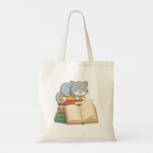積まれた本の上のかわいい猫 トートバッグ (裏面)