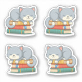 積まれた本の上のかわいい猫 4個セット シール (正面)