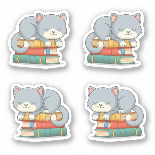 積まれた本の上のかわいい猫 4個セット シール (正面)