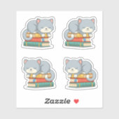 積まれた本の上のかわいい猫 4個セット シール (シート)