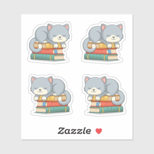 積まれた本の上のかわいい猫 4個セット シール (シート)