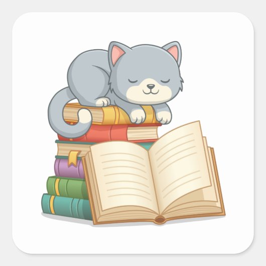 積まれた本の上の可愛い猫 スクエアシール (正面)