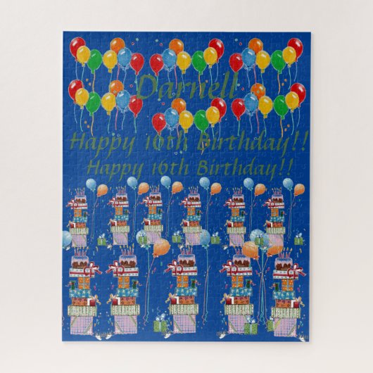 積み重なったプレゼントと多くのカラフル風船 ジグソーパズル (縦)