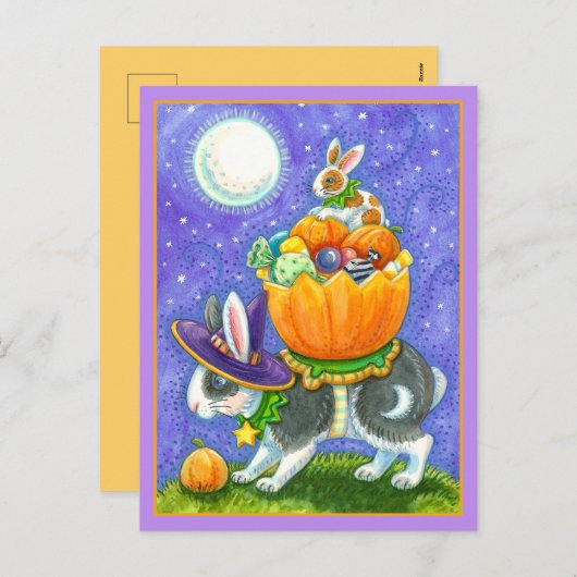 積み重ねられたハロウィーンバンニー、キャンディーコーンカラフル、 シーズンポストカード (正面/裏面)