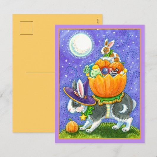 積み重ねられたハロウィーンバンニー、キャンディーコーンカラフル、 シーズンポストカード (正面/裏面)