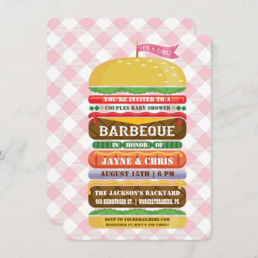 積み重ねられたハンバーガーの女の子のベビーシャワーのバーベキュー 招待状 (正面/裏面)