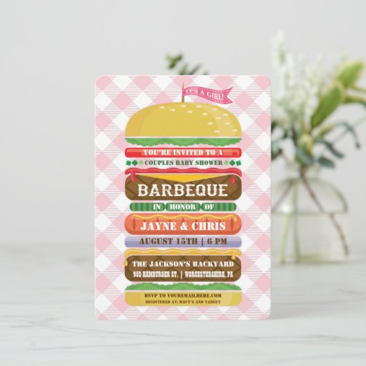 積み重ねられたハンバーガーの女の子のベビーシャワーのバーベキュー 招待状 (スタンド正面)