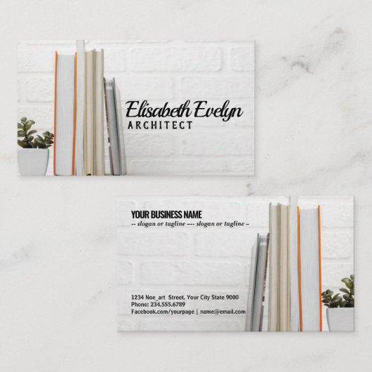 積み重ねられた本を持つ机 名刺 (正面/裏面)