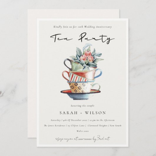 積み重ねカップ任意の年周年茶パーティー招待状 サンキューカード (正面/裏面)