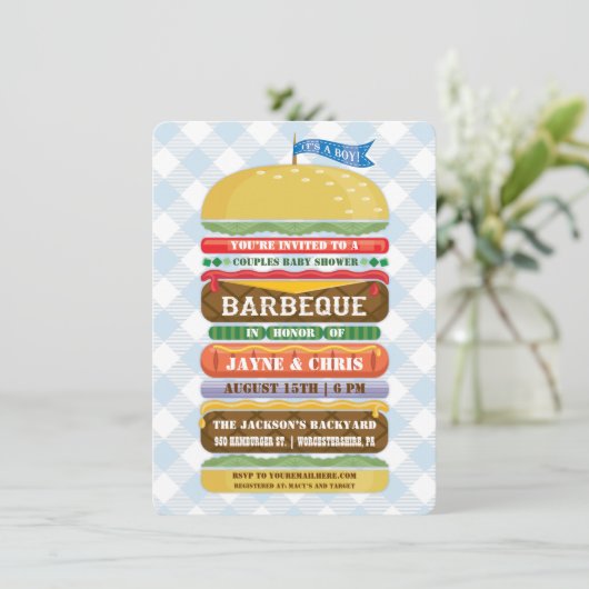 積み重ねハンバーガーボーイ赤ちゃんシャワーバーベキュー 招待状 (スタンド正面)