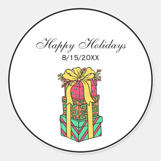 積み重ね包まれたクリスマスプレゼントクリスマス ラウンドシール (正面)