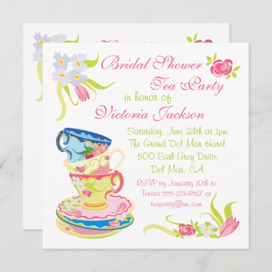 積み重ビクトリアンねティーカップティーパーティーブライダルシャワー 招待状 (正面/裏面)