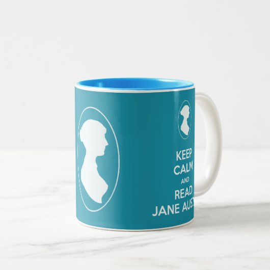 穏やかなおよび読書のジェーンAustenのカメオのポートレートのマグ保って下さい ツートーンマグカップ (正面右)
