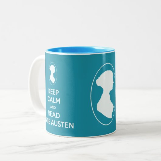 穏やかなおよび読書のジェーンAustenのカメオのポートレートのマグ保って下さい ツートーンマグカップ (正面左)