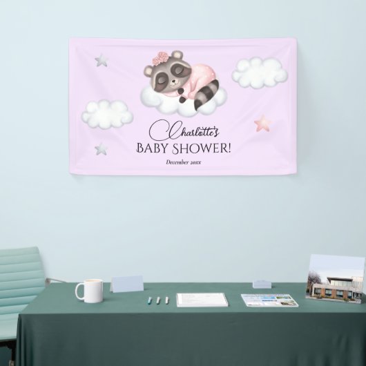 穏やかなアライグマ動物の女の子の赤ちゃんシャワーへようこそ 横断幕 (トレードショー)
