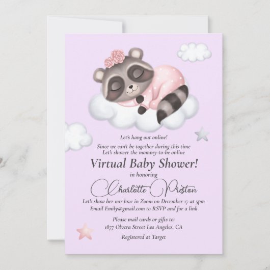 穏やかなアライグマ動物の女の子の赤ちゃんシャワー仮想 招待状 (正面)