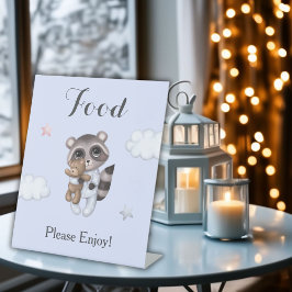 穏やかなアライグマ動物の赤ちゃんシャワー食品 台座サイン