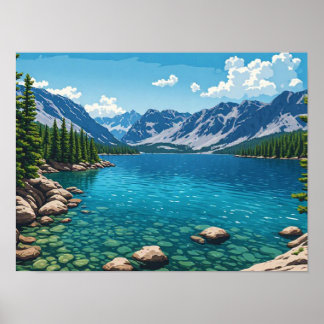 穏やかなアルプスの湖の山の森の自然の風景 ポスター