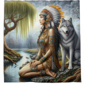 穏やかなインディアン女性とオオカミ付き川 シャワーカーテン (正面)