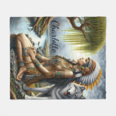 穏やかなインディアン女性とオオカミ付き川 フリースブランケット (正面(横))