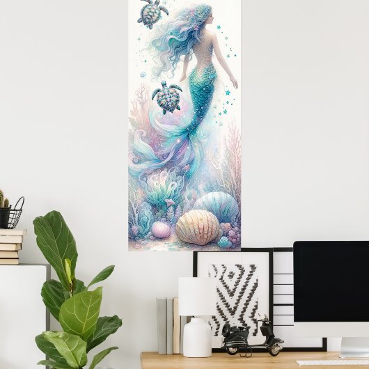 穏やかなウミガメとマーメイドウォールアート ポスター (ホームオフィス)