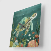 穏やかなウミガメ：水中オアシス スクエア壁時計 (傾斜)