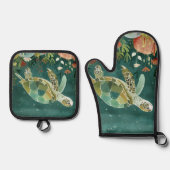 穏やかなウミガメ：水中オアシス 鍋つかみ&鍋敷きセット (正面)