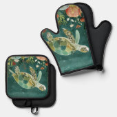 穏やかなウミガメ：水中オアシス 鍋つかみ&鍋敷きセット (正面/裏面)