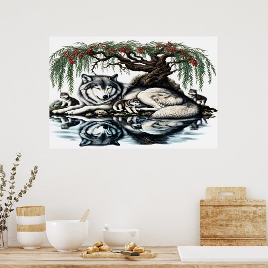 穏やかなウルフファミリーオアシスインアイディリック自然36x24 ポスター (キッチン)